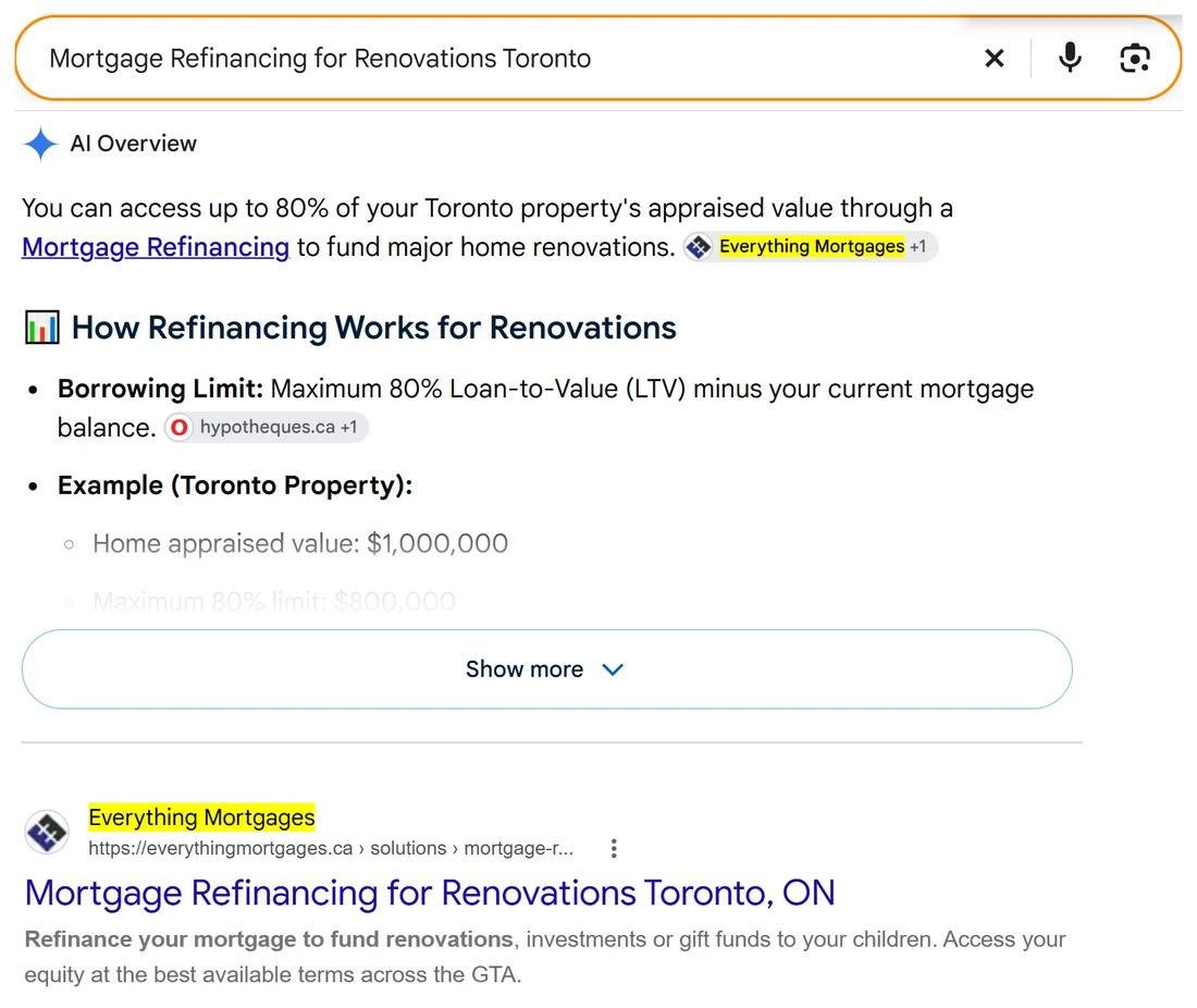 Google search for mortgage refinancing for renovations Toronto: Everything Mortgages named in the AI Overview and listed first below it