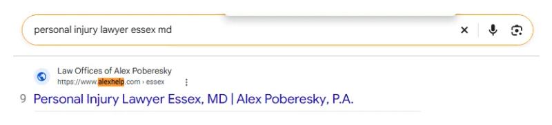 Google result 9: Law Offices of Alex Poberesky for personal injury lawyer essex md