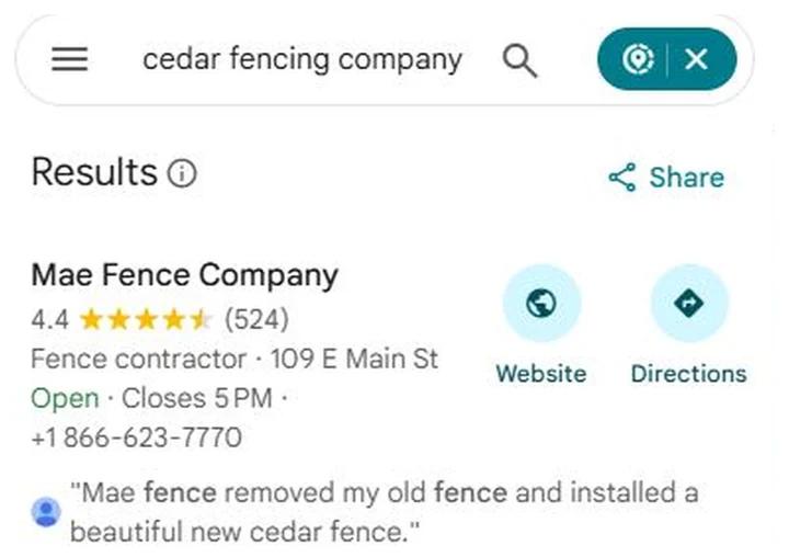 Google Maps results for cedar fencing company with Mae Fence Company at position 1