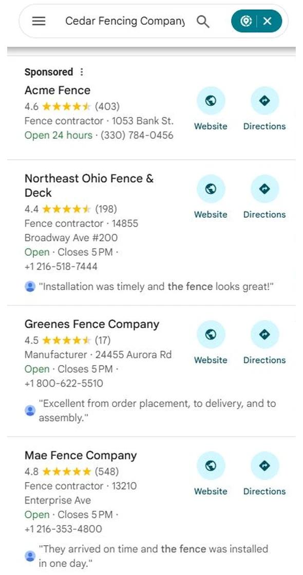 Google Maps results for Cedar Fencing Company with Mae Fence Company at position 3