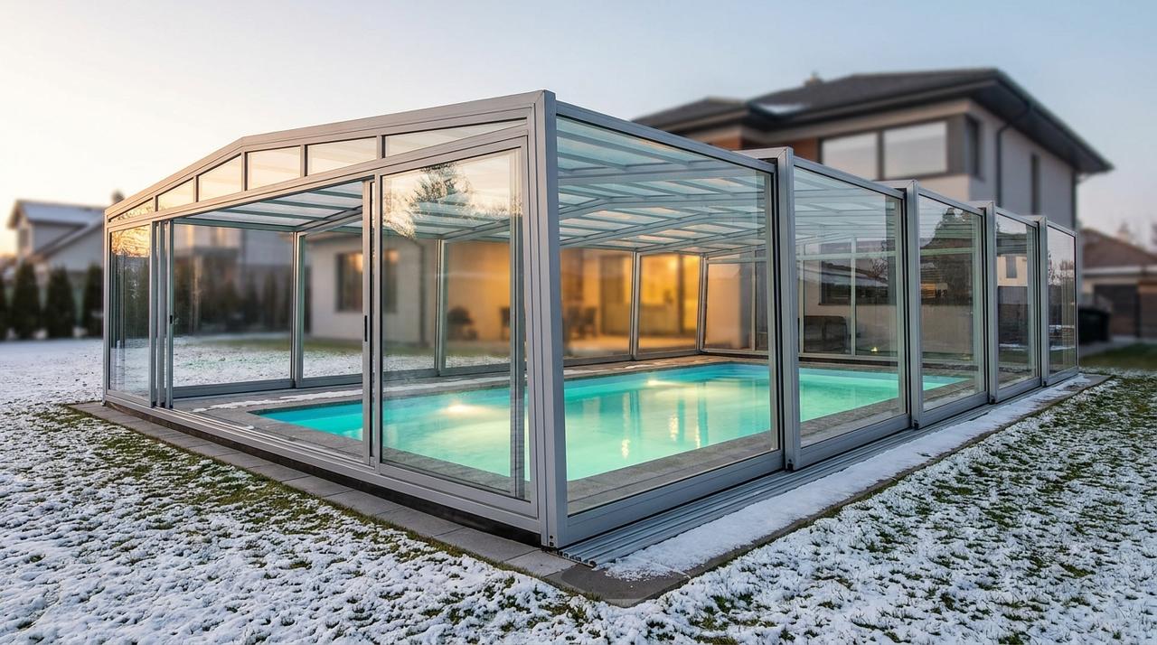 A retractable glass pool enclosure over a heated backyard pool at dusk, snow on the lawn around it and a modern house behind