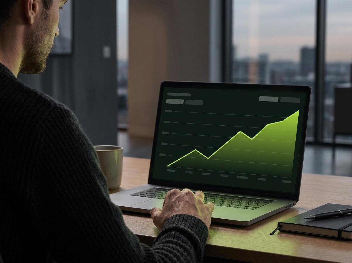 A business owner at a laptop showing a green line chart climbing over time