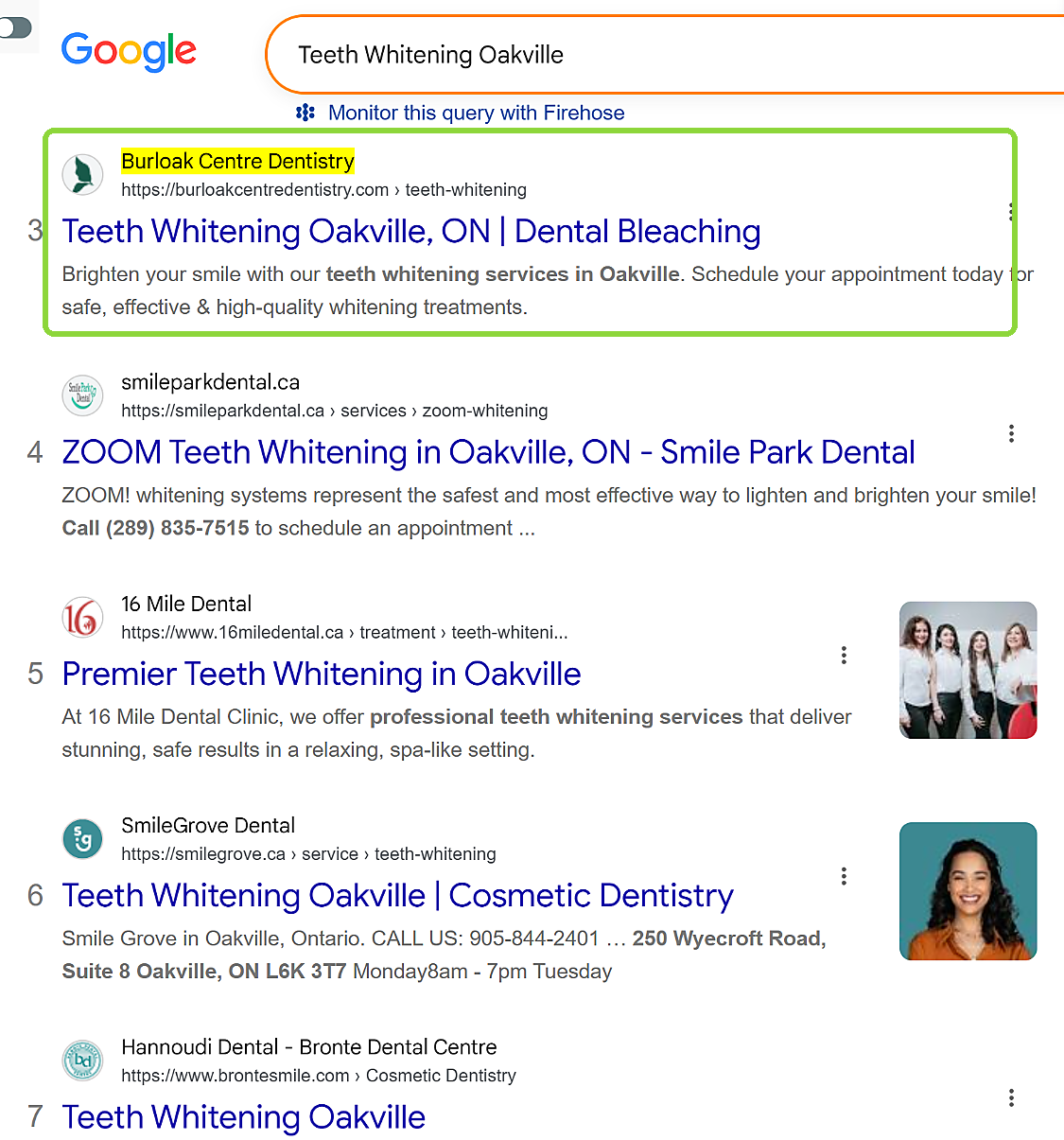 Google result showing Burloak Centre Dentistry third for teeth whitening Oakville