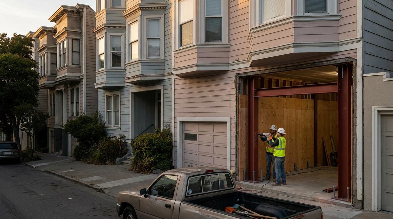 Two construction workers bolting a new steel frame into the open garage of a pastel San Francisco apartment building with bay windows, during a seismic retrofit