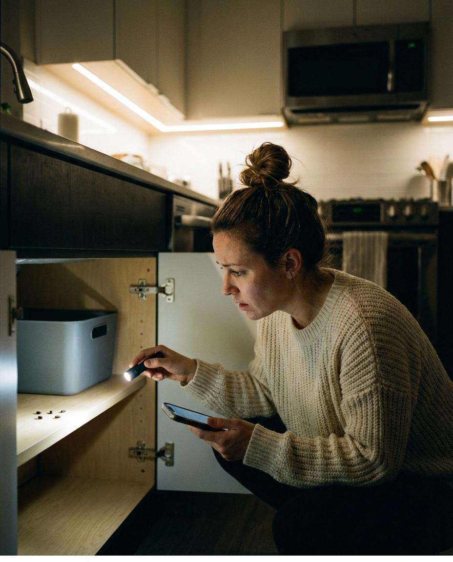 A homeowner in a cream sweater crouches by an open kitchen cabinet at night, shining a flashlight on a few mouse droppings, phone in her other hand