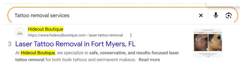 Google result 3: Hideout Boutique for Tattoo removal services