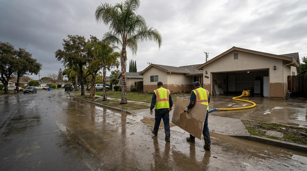 Two water damage restoration workers carrying wet drywall toward a flooded stucco ranch house in San Jose, with a yellow pump hose running out of the open garage and a muddy water line on the walls