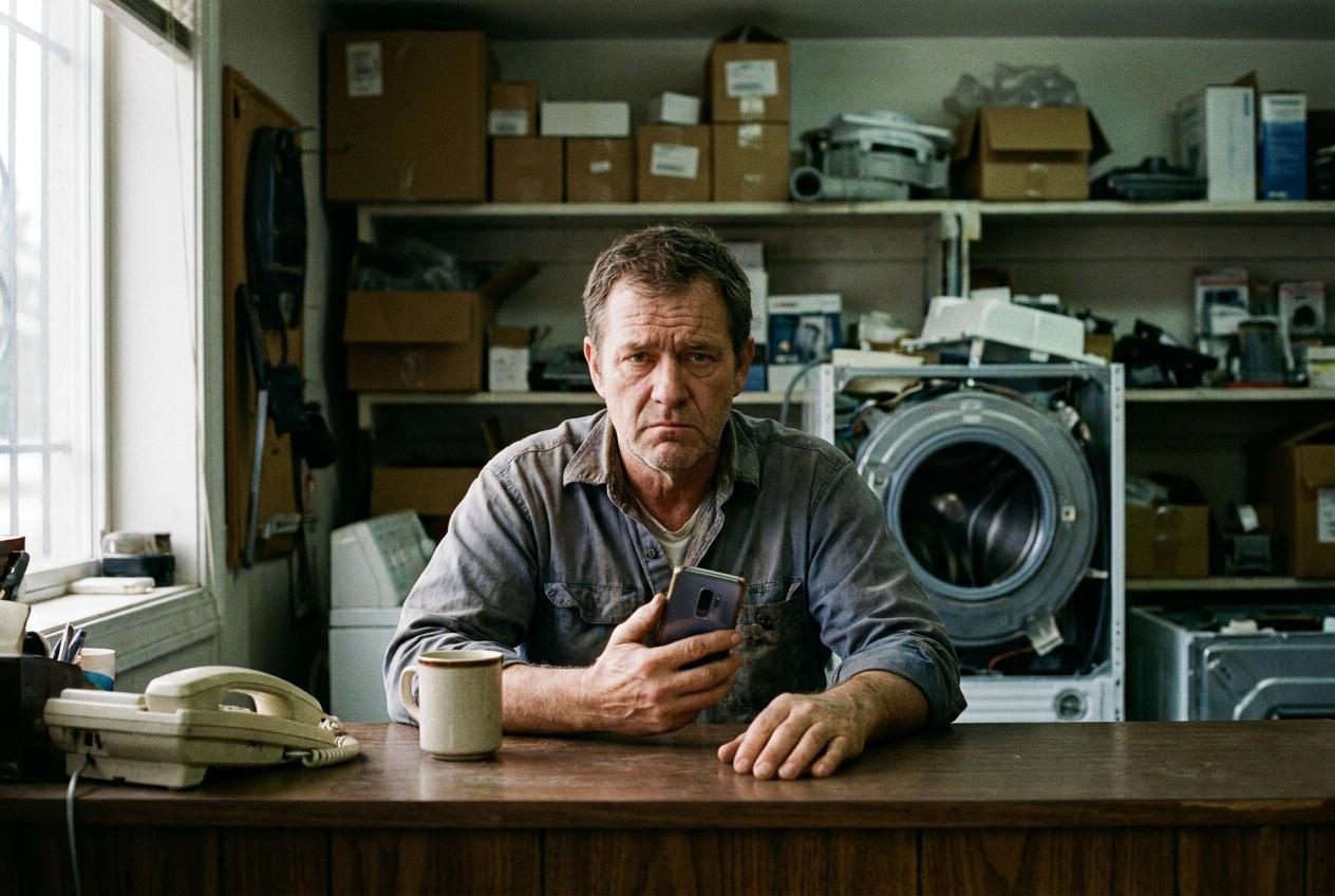 The owner of a small appliance repair shop sits at his worn wooden counter holding his phone, a landline and a coffee mug beside him, shelves of parts behind