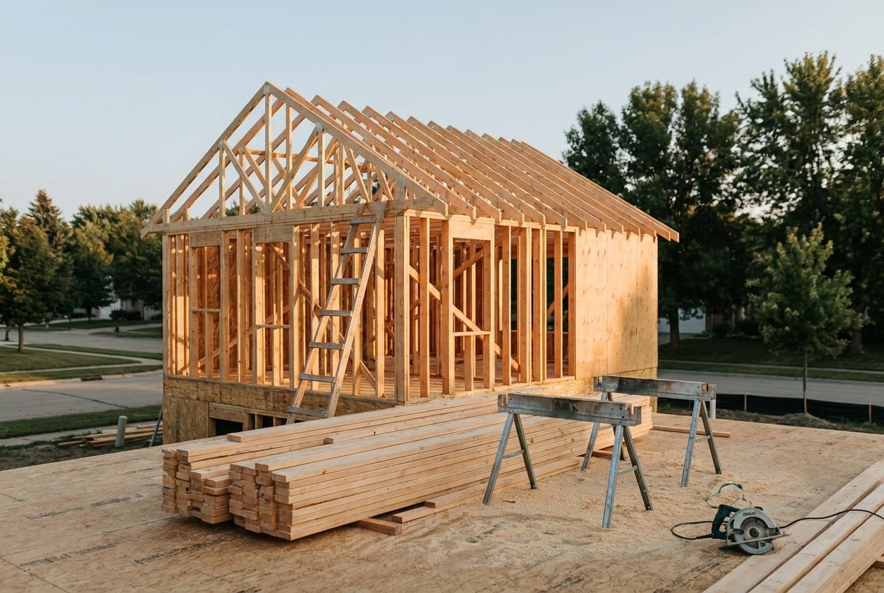 A custom home under construction with timber wall framing, roof trusses and a stack of lumber on the subfloor