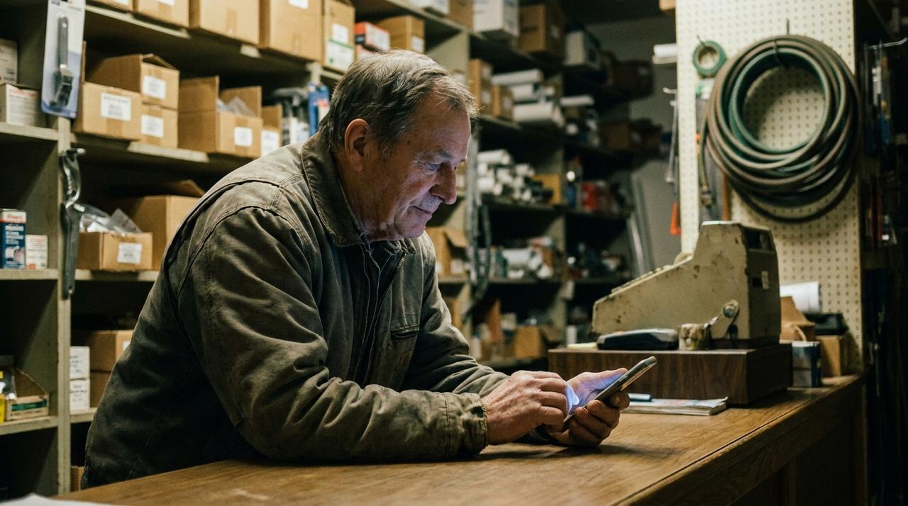 A shop owner leaning on the counter after closing, typing a reply on his phone