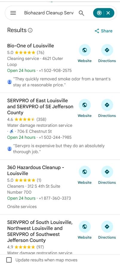 Google Maps results for Biohazard cleanup services in Louisville with 360 Hazardous Cleanup at number 3