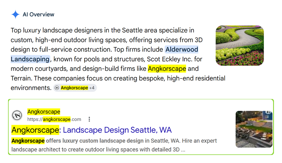 Google AI Overview for luxury landscape designers naming Angkorscape