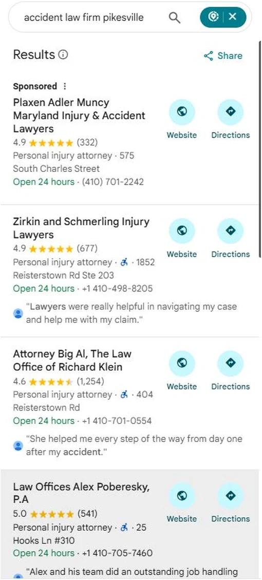 Google Maps results for accident law firm pikesville with Law Offices Alex Poberesky at position 3