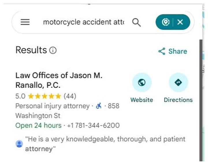 Google Maps results for motorcycle accident attorney Dedham with Law Offices of Jason M. Ranallo at position 1