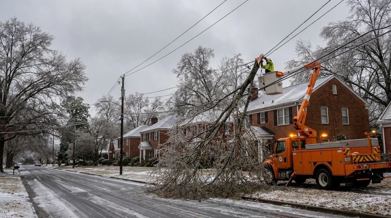 A lineman in a bucket truck clearing an ice-covered limb off a power line on a brick-lined Charlotte street after the January 2026 ice storm