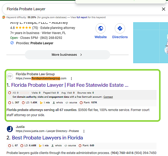 Google result showing Florida Probate Law Group first for Florida probate lawyer