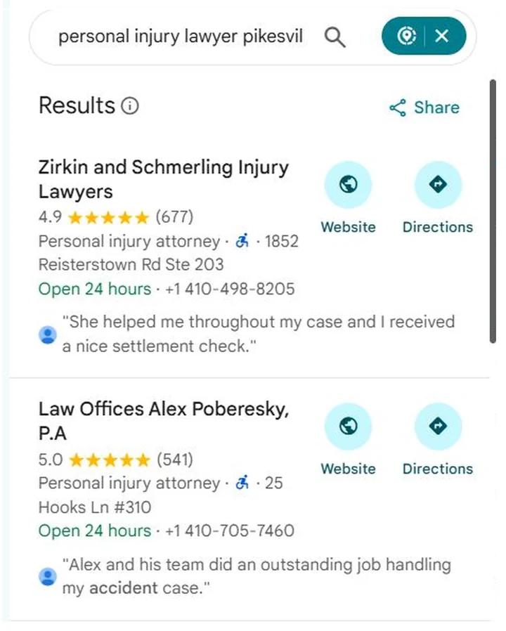 Google Maps results for personal injury lawyer Pikesville with Law Offices Alex Poberesky at position 2