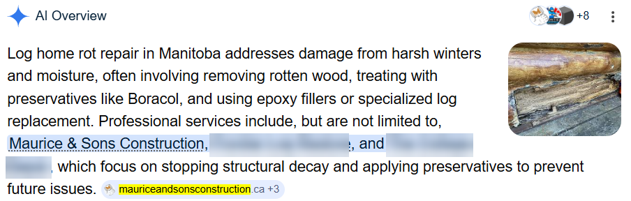 Google AI Overview for Log Home Rot Repair Manitoba naming Maurice and Sons Construction first among the professional services and citing mauriceandsonsconstruction.ca