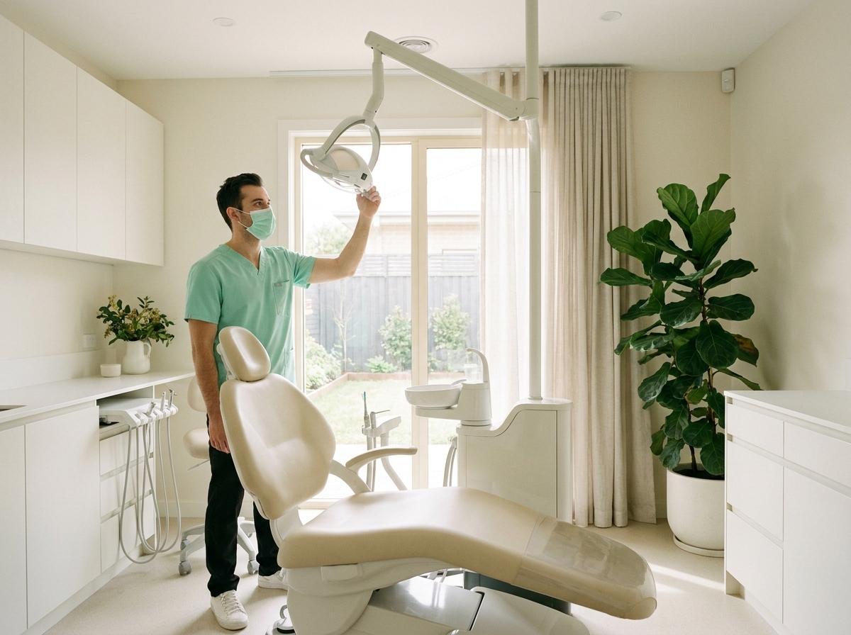 Dentist adjusting the light above a chair in a bright dental clinic