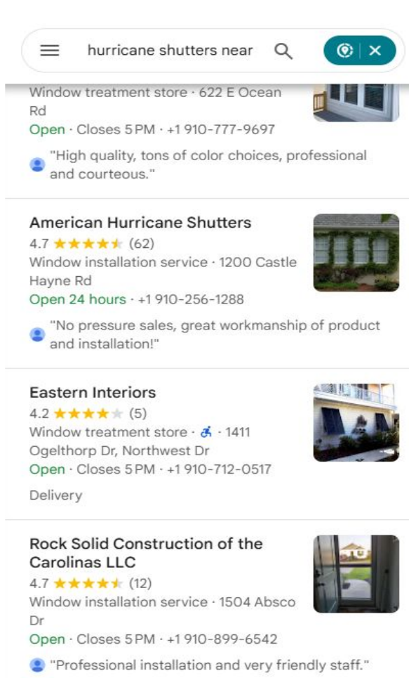 Google Maps results panel for hurricane shutters near me searched from Myrtle Beach, with American Hurricane Shutters partway down the list rather than at the top