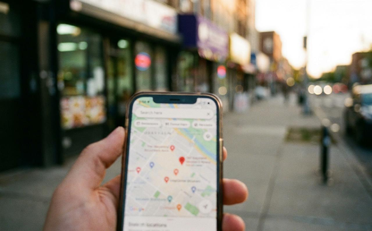 Hand holding a phone showing Google Maps pins on a street of local shops