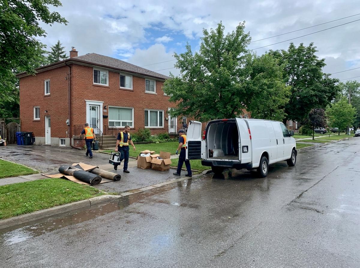 A plumbing and restoration crew outside a brick semi on a wet Hamilton street after a summer rainstorm, with flooded basement carpet and boxes on the driveway