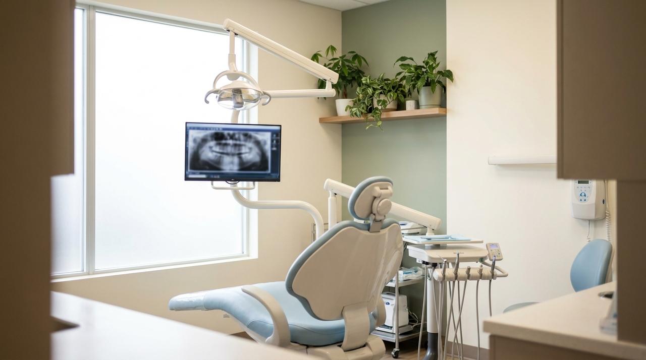 A bright, modern dental operatory with a patient chair and an X-ray on the monitor