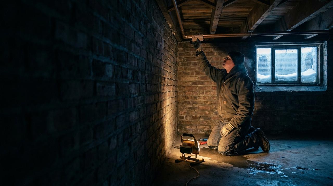 A plumber reaching up to repair a burst copper pipe in the brick basement of a Chicago two-flat, with water on the floor, a work light and snow outside the window