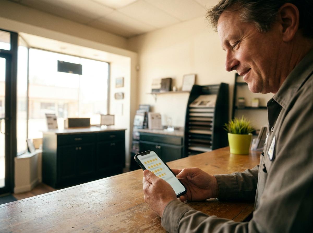 A shop owner smiling at five-star reviews on his phone behind the counter