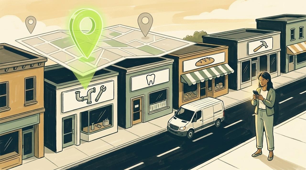 Painted illustration of a small-town main street with a plumbing shop, a dental office, a bakery and a hardware store, a map floating above with one glowing green pin over the plumbing shop, and a woman on the pavement looking at her phone