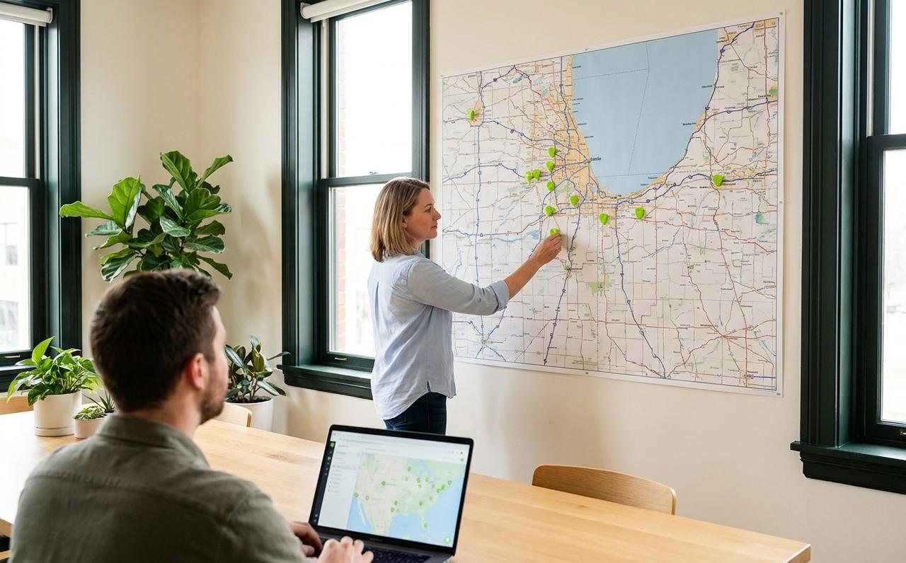 A regional manager presses a green pin into a town on a large wall map with other branches already pinned, while a colleague checks the same locations on a laptop