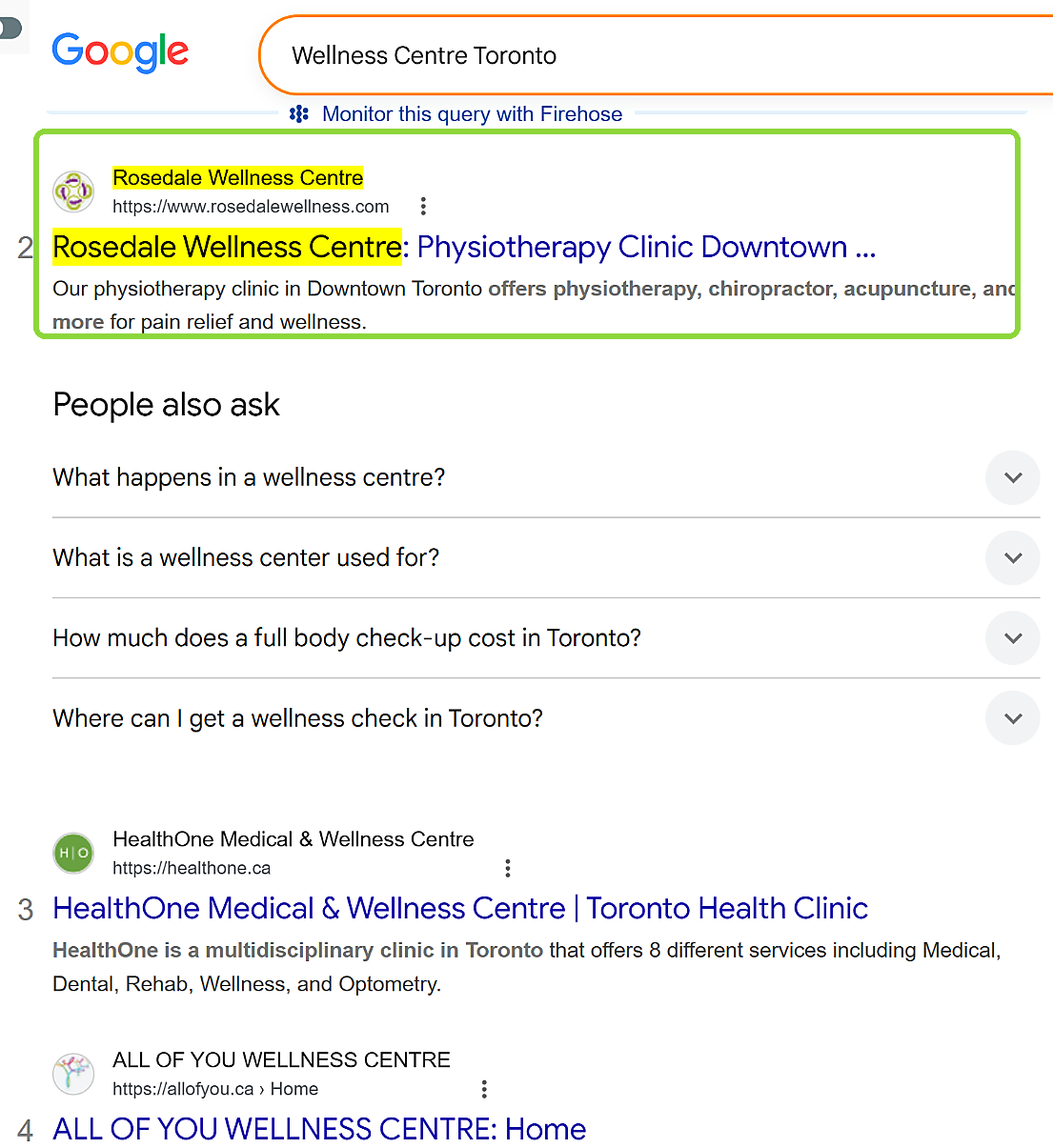 Google result showing Rosedale Wellness Centre second for wellness centre Toronto