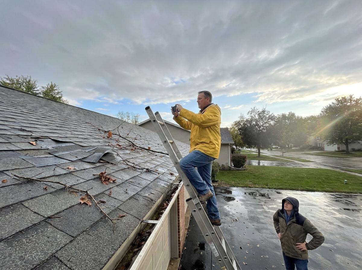 After a storm, a roofer on a ladder photographs lifted and missing shingles while the homeowner watches from the wet driveway