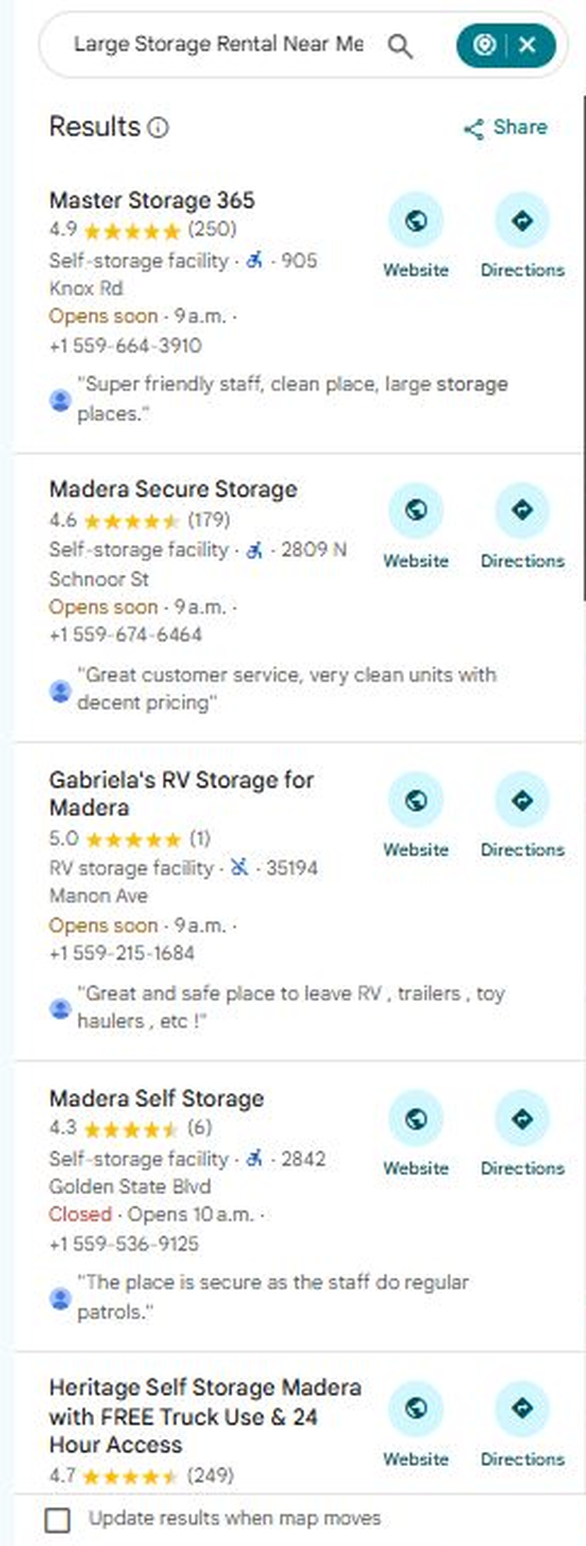 Google Maps results for Large Storage Rental Near Me with Master Storage 365 listed first, 4.9 stars