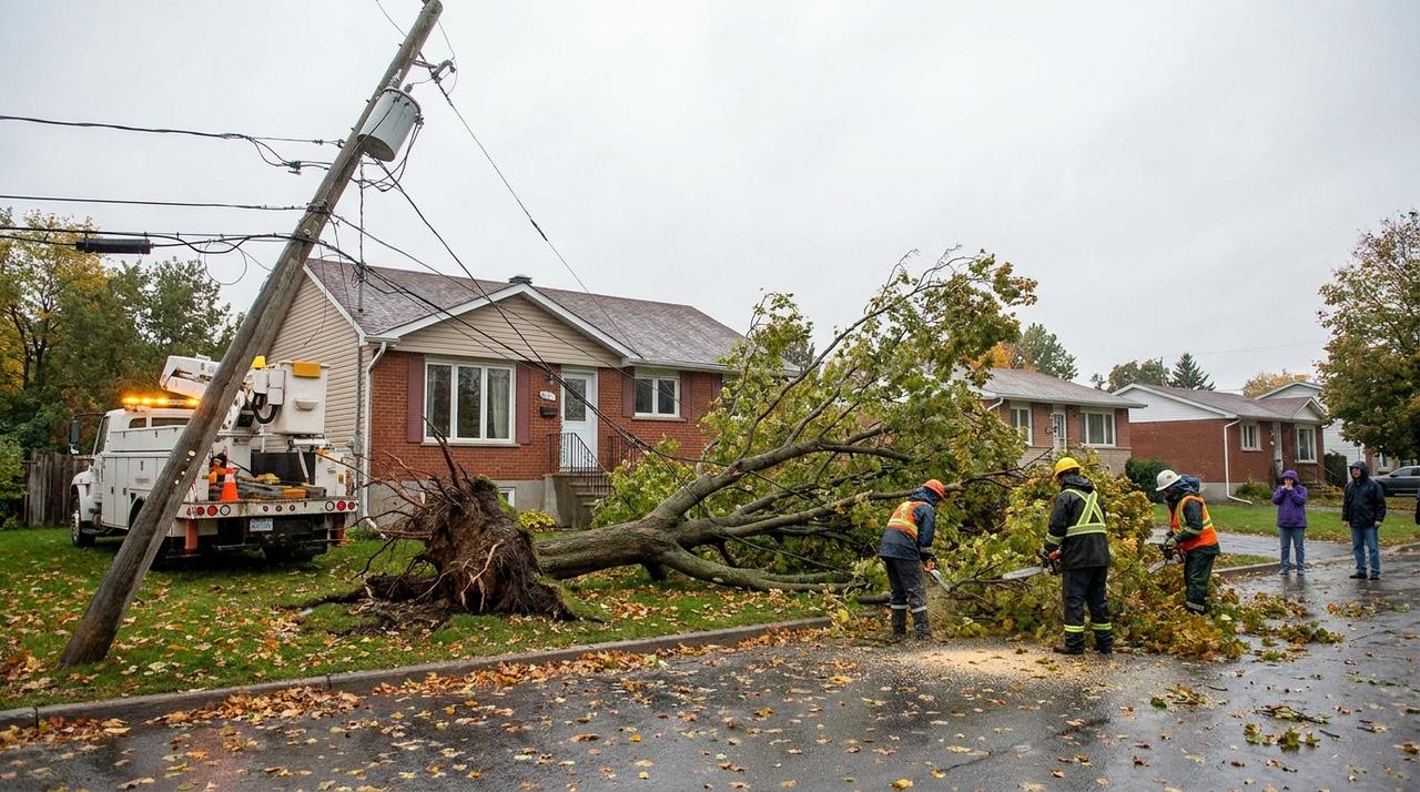 A tree service crew clearing an uprooted maple from a front lawn in an Ottawa suburb after a windstorm, beside a leaning hydro pole and a utility truck