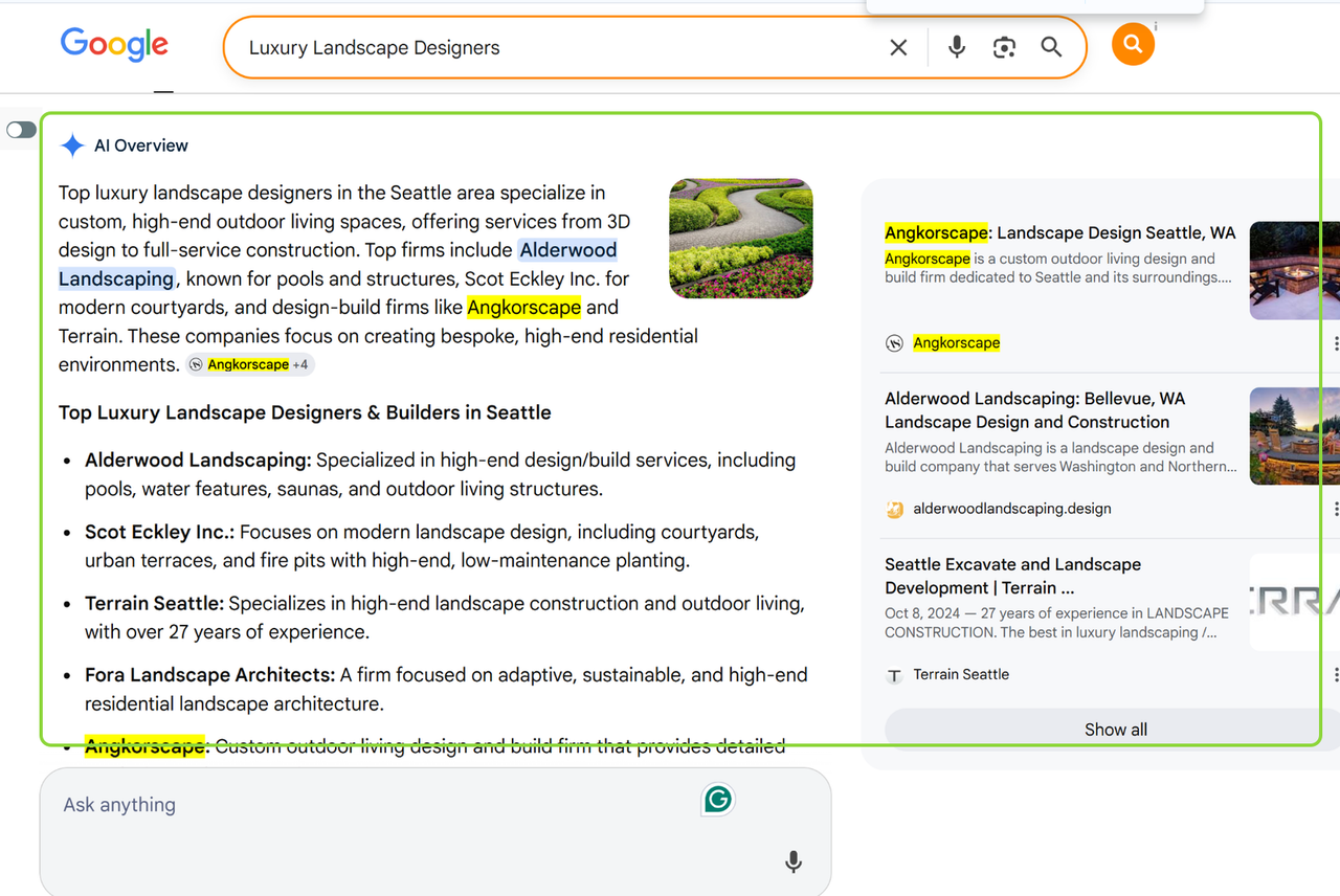 Google AI Overview for luxury landscape designers with Angkorscape in the text and source panel