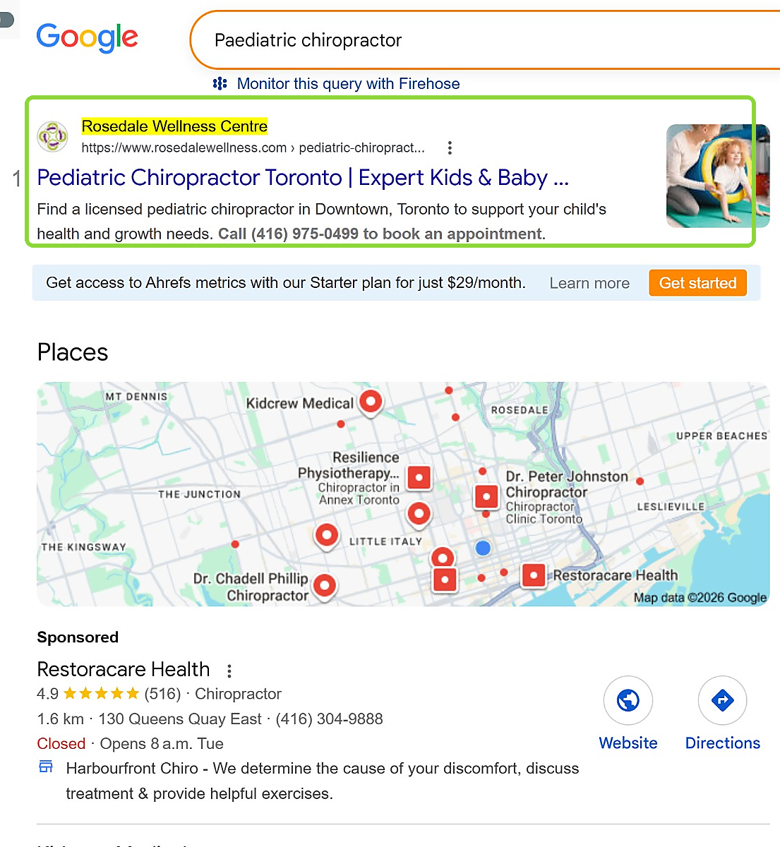 Google result showing Rosedale Wellness Centre first for paediatric chiropractor