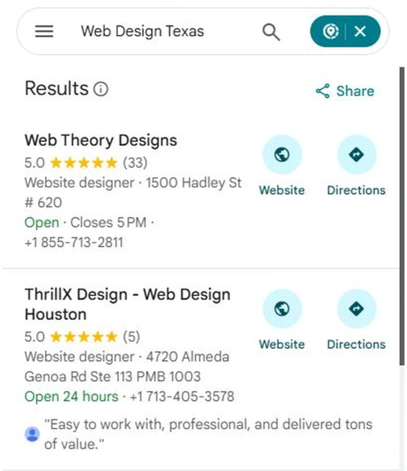 Google Maps results for Web Design Texas with ThrillX Design at position 2