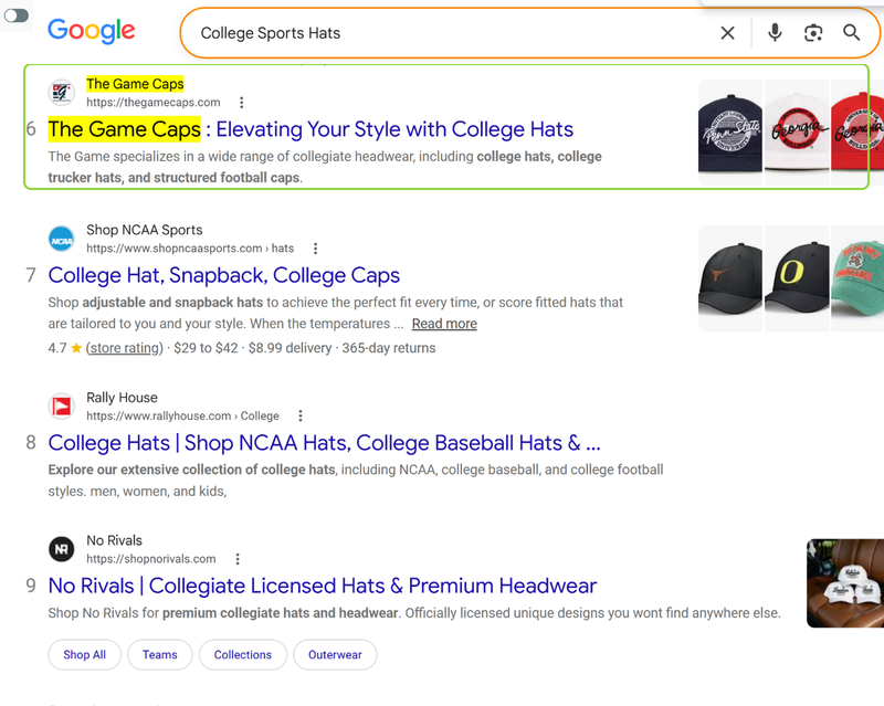 College Sports Hats: The Game Caps at #6, above Rally House and No Rivals