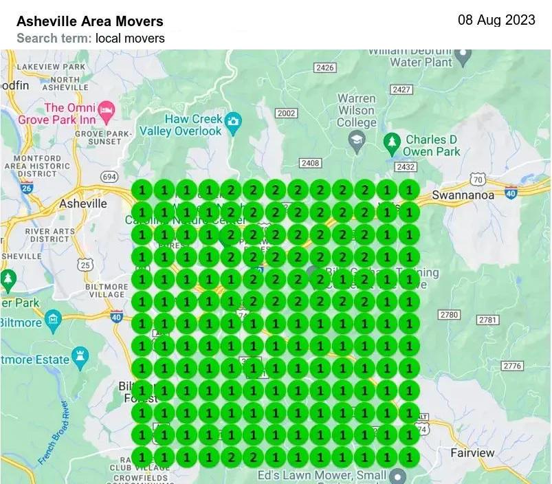 Google Maps rank grid for local movers around Asheville with Asheville Area Movers at 1 or 2 on every point