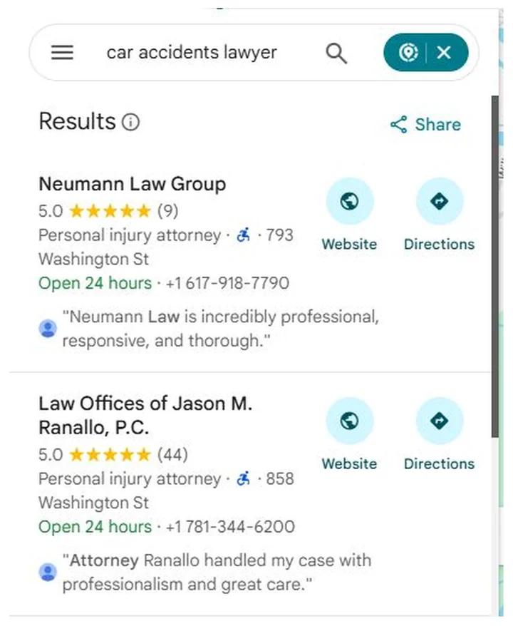 Google Maps results for car accidents lawyer with Law Offices of Jason M. Ranallo at position 2