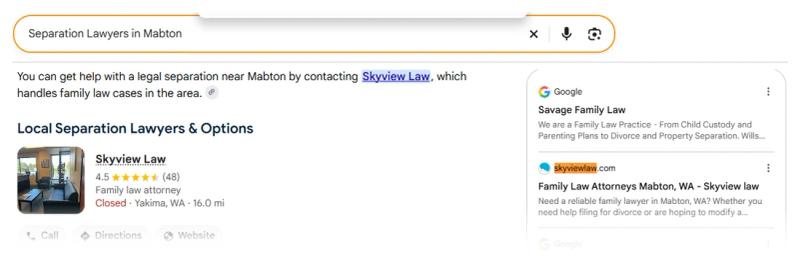 Google AI Overview for Separation Lawyers in Mabton naming Skyview Law