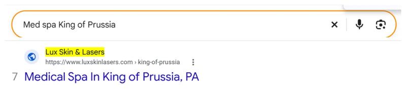 Google result 7: Lux Skin & Lasers for Med spa King of Prussia