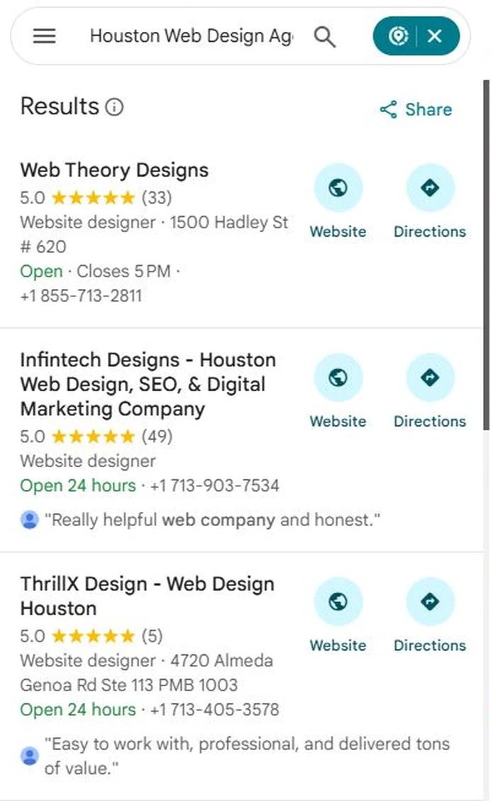 Google Maps results for Houston Web Design Agency with ThrillX Design at position 3