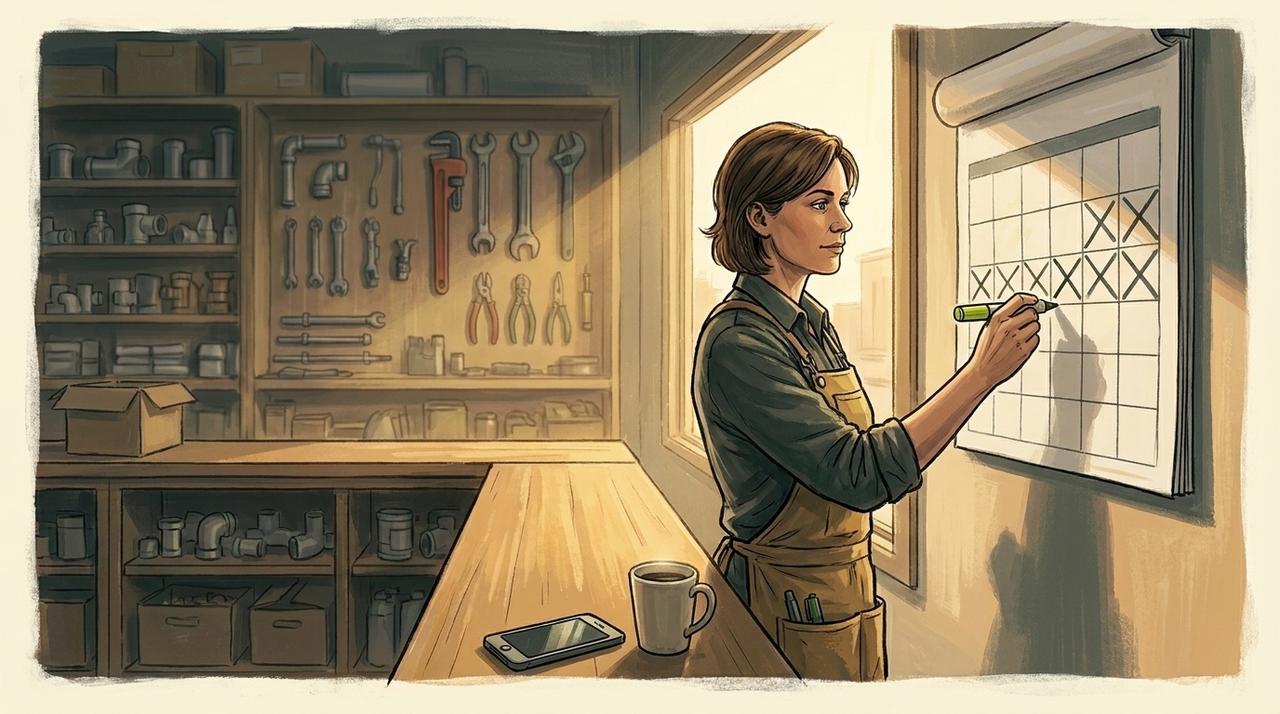 Painted illustration of a shop owner in a work apron crossing off days on a wall calendar in her plumbing supply shop, her phone silent on the counter beside a cup of coffee.