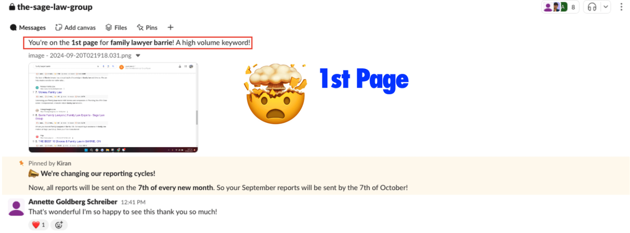 Slack message from a law firm client celebrating a first-page Google ranking for family lawyer barrie