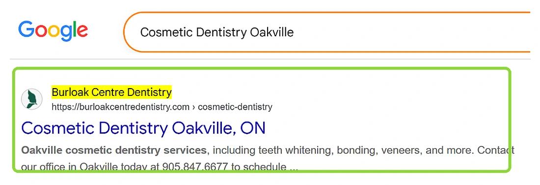 Google result showing Burloak Centre Dentistry first for cosmetic dentistry Oakville