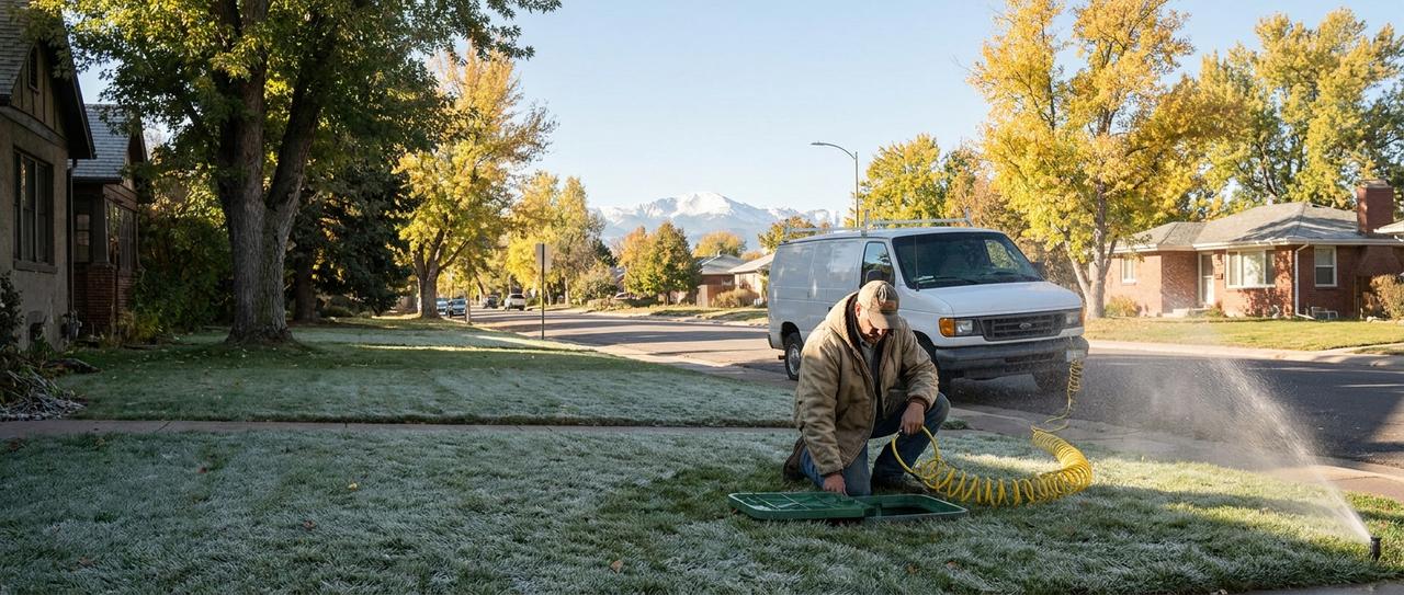 An irrigation technician blowing out a front-yard sprinkler system on a frosty fall morning in a Denver neighborhood, with golden cottonwoods and snow on the Rocky Mountains behind