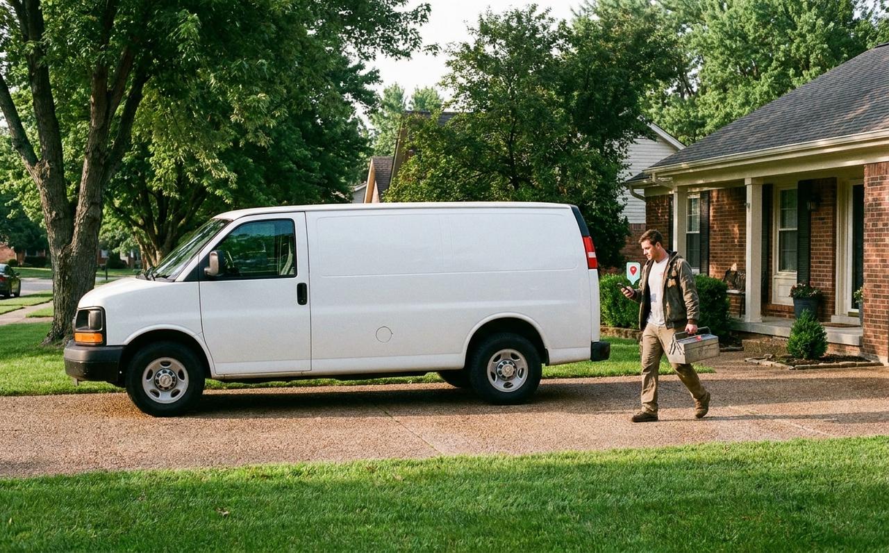 Service technician arriving at a customer home from his van, phone map in hand