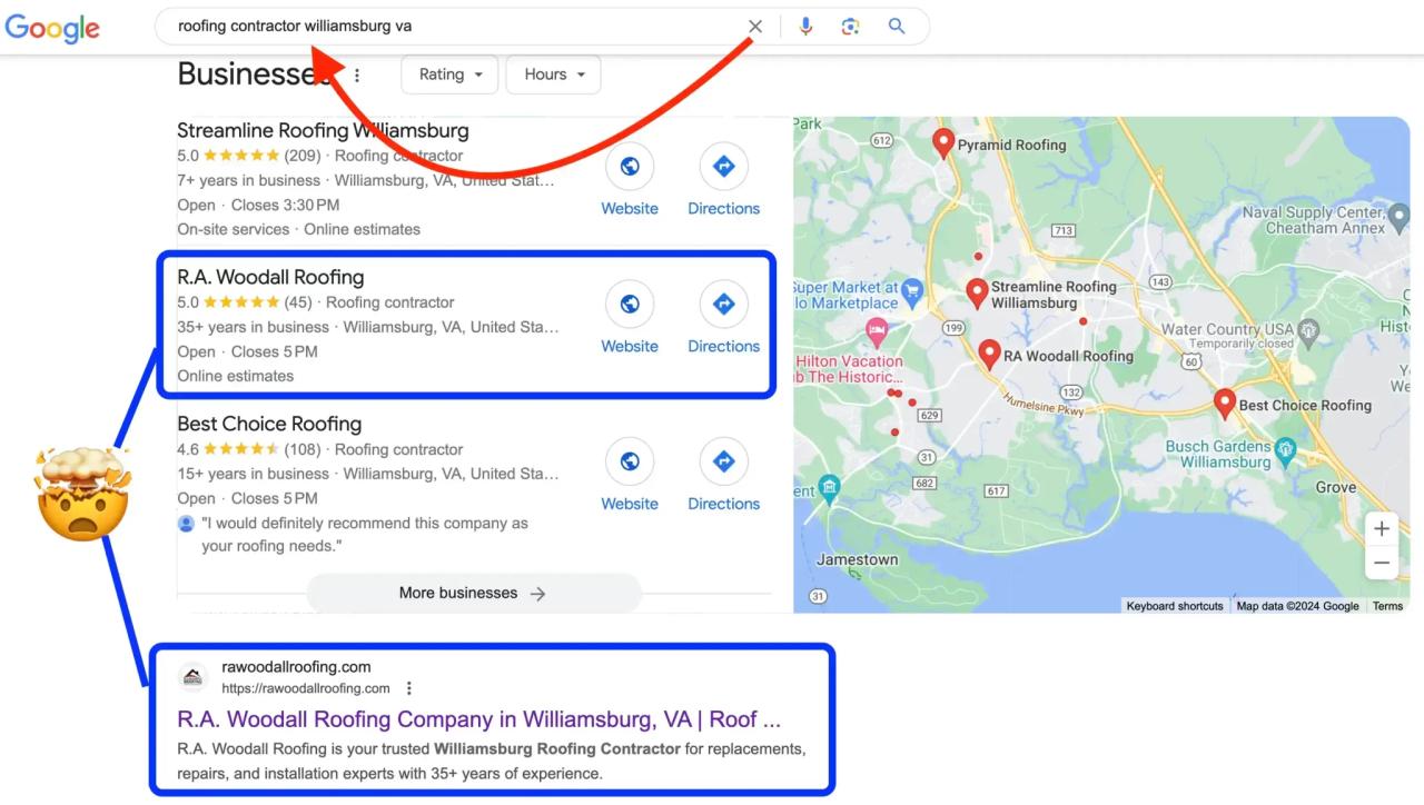 Google results showing R.A. Woodall Roofing in Maps and first organically for roofing contractor Williamsburg VA
